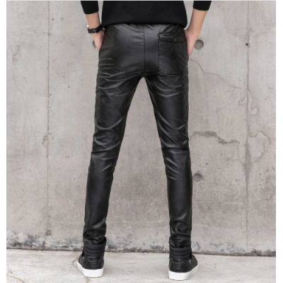 Male Casual Slim Fit Black Leather Trousers Pants 
