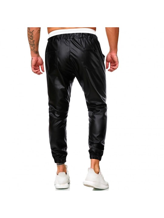 Men Casual Simple Black Leather Hombre Streetwear Joggers Pants
