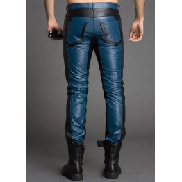 Men Fashion Contrast Color Genuine Black and Blue Leather Pants 