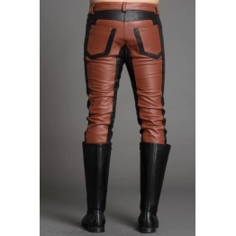 Men Fashion Contrast Color Genuine Black and Brown Leather Pants 