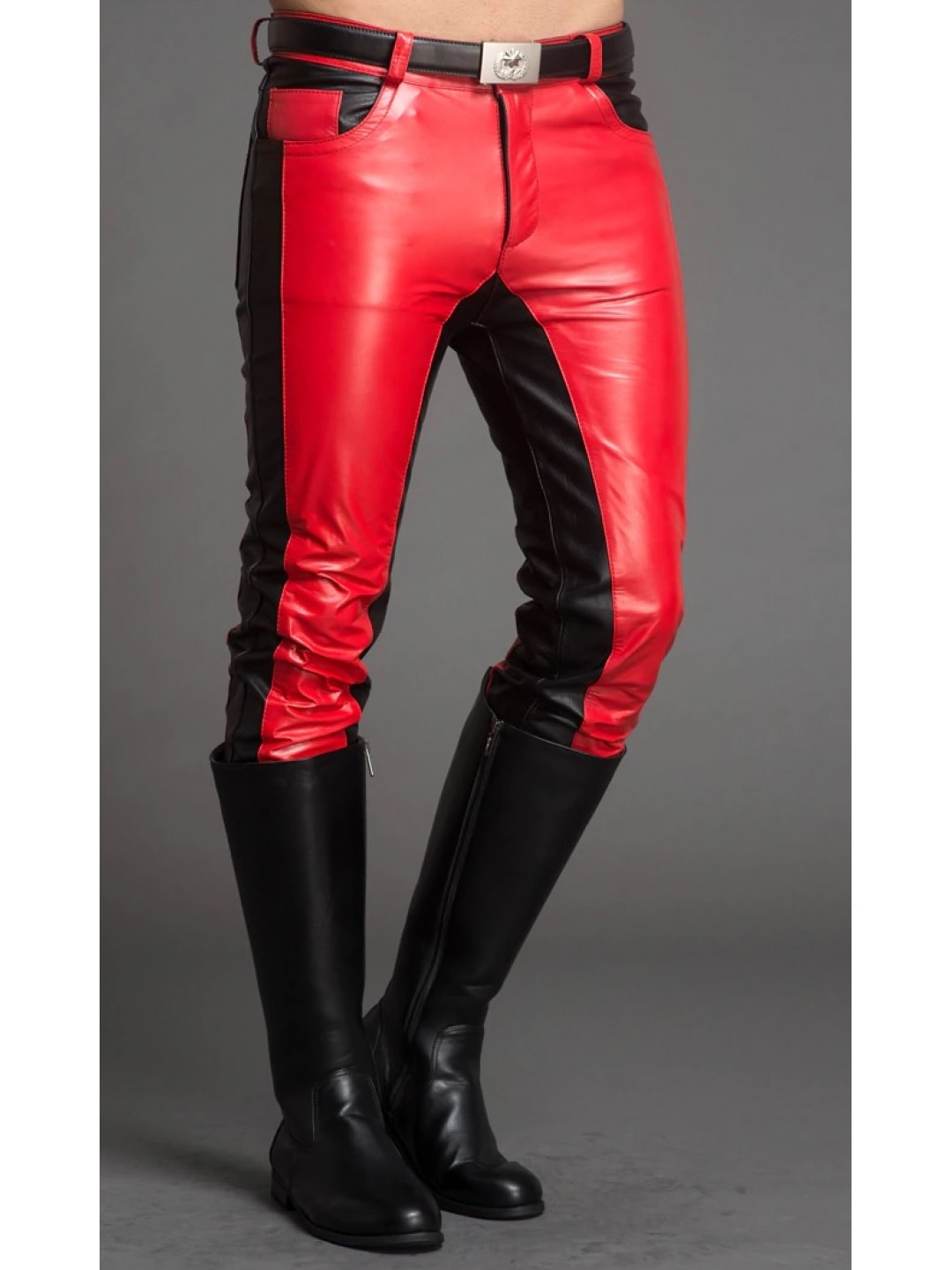 Men Fashion Contrast Color Genuine Black and Red Leather Pants