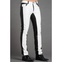 Men Fashion Contrast Color Genuine Black and White Leather Pants