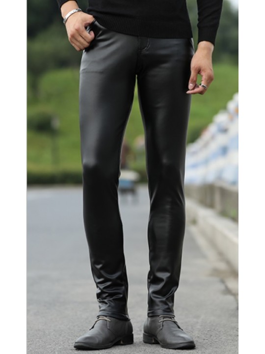 Men Fashionable Young Tight Genuine Black Leather Pants