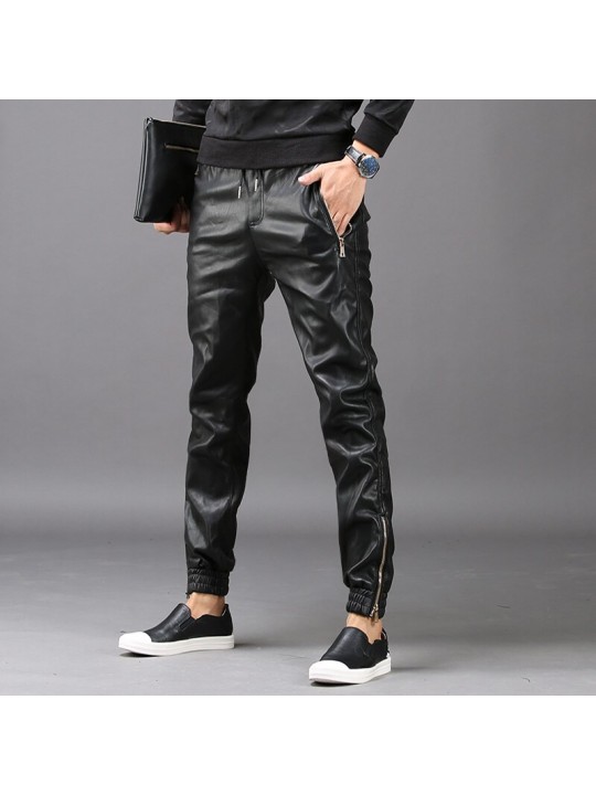 Men High Street Fashion Black Leather Casual Pant