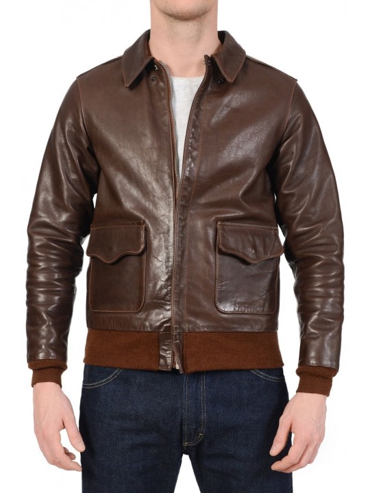 Mens Brown Real Leather Bomber Flight Jacket