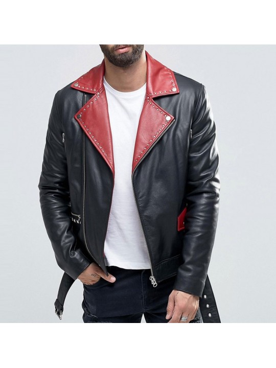 Mens Belted Black With Red Lapel Leather Biker Jacket