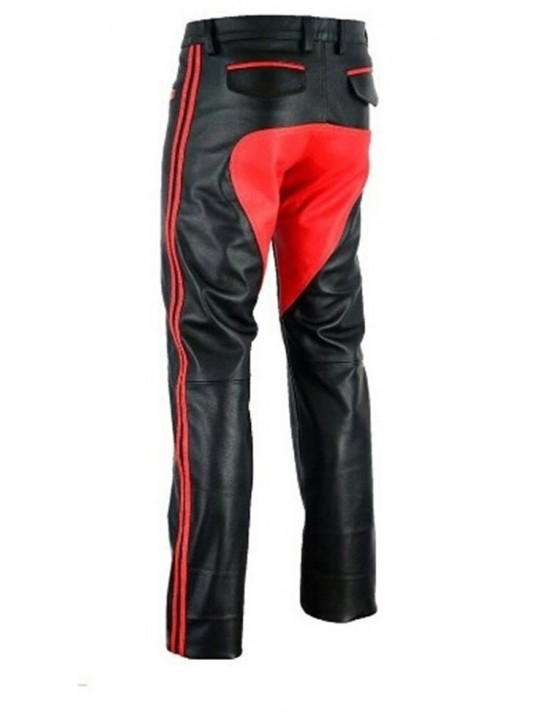 Mens Bootcut Fit Black Red Leather Pants Trouser