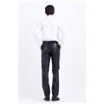 Mens Casual High Waist Real Black Leather Pants