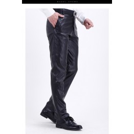 Mens Casual High Waist Real Black Leather Pants