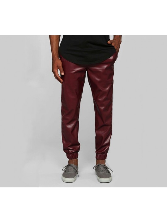 Mens Casual Street Style Motorbike Real Burgundy Leather Jogger Pants