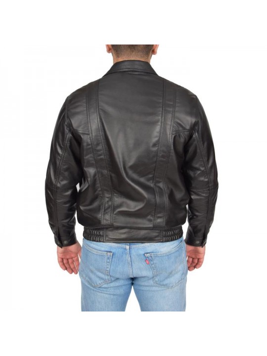 Mens Classic Fit Casual Style Soft Black Leather Bomber Jacket