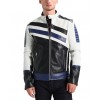 Mens Classic Genuine Sheepskin Navy White Leather Biker Jacket