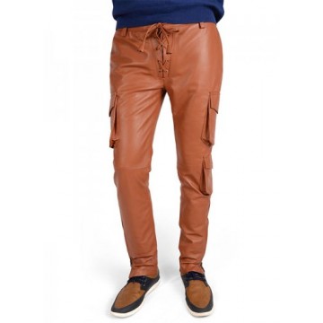 Mens Classic Genuine Soft Pure Tan Leather Cargo Pants