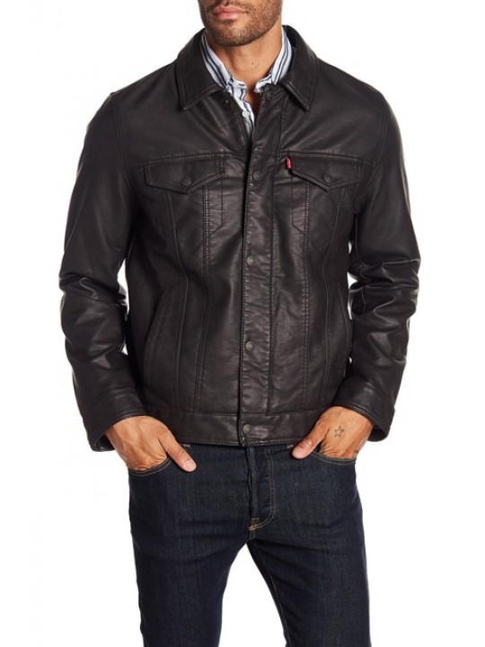Mens Classic Long Sleeves Real Black Leather Trucker Jacket