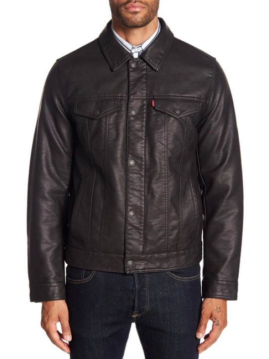 Mens Classic Long Sleeves Real Black Leather Trucker Jacket