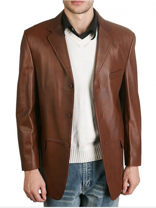Mens Classic Three Buttoned Brown Leather Blazer