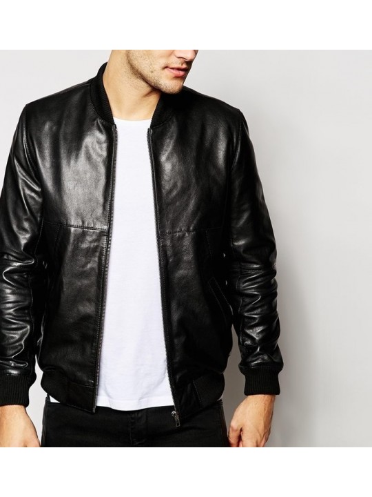 Mens Classic Zippered Pure Black Leather Bomber Jacket