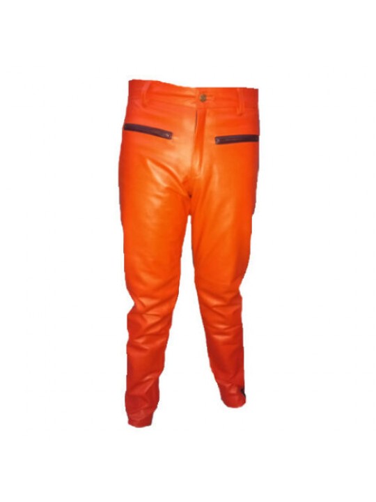 Mens Contrast Panels Real Orange Leather Bikers Leather Pants