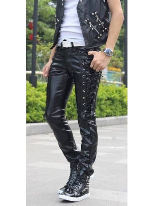 Mens Corset Style Lacing Black Leather Straight Trousers Pants
