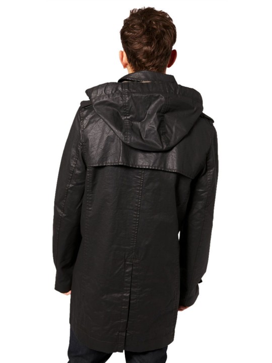 Mens Custom Made Hooded Black Leather Trench Coat