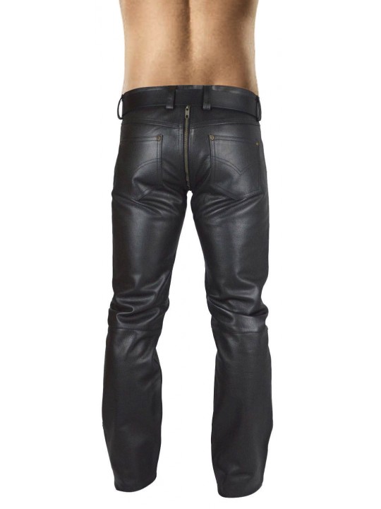 Mens Double Slider Zip Pure Black Leather Gay Pants
