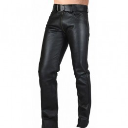 Mens Double Slider Zip Pure Black Leather Gay Pants