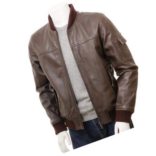 Mens Elegant Dark Brown Pure Leather Bomber Jacket