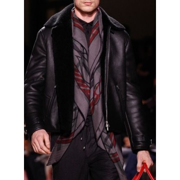 Mens Fall Fashion Black Leather Coat with Fur