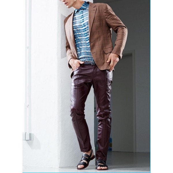 Mens Fashion Genuine Real Leather Straight Pants
