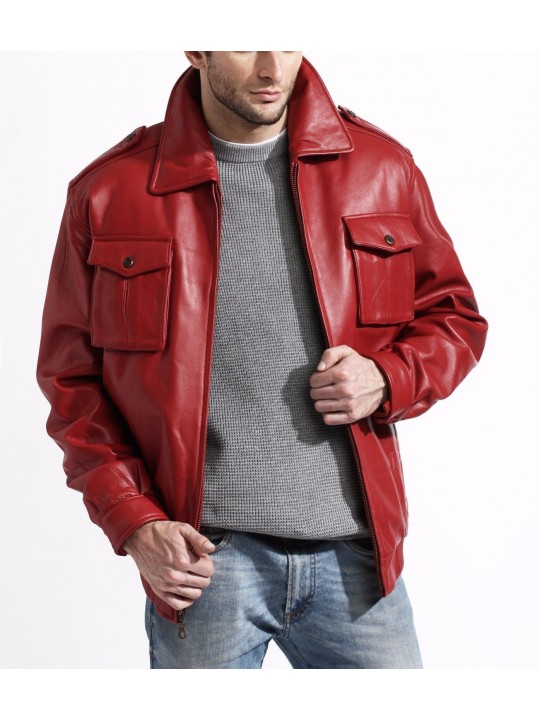Mens Fashion Real Red Leather bomber Jacket Coat