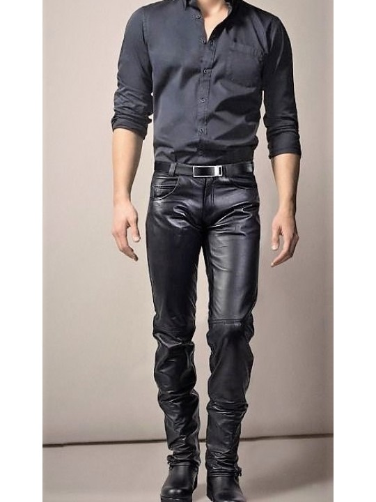 Mens Fashion Slim Fit Genuine Black Leather Pant