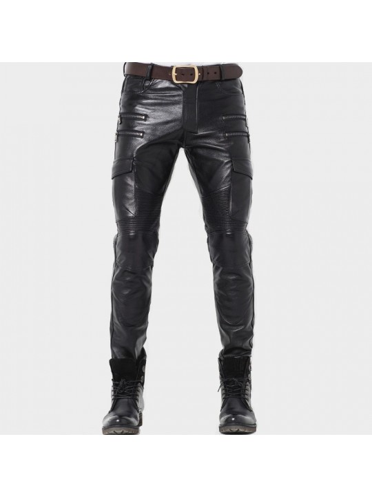 Mens Fashion Zipper Straight Skinny Genuine Black Leather Pants