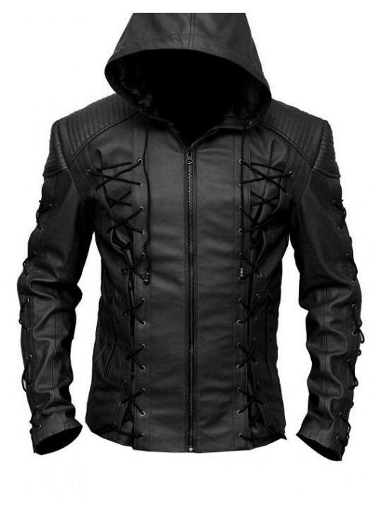 Mens Fashionable Hooded Genuine Black Leather Jacket