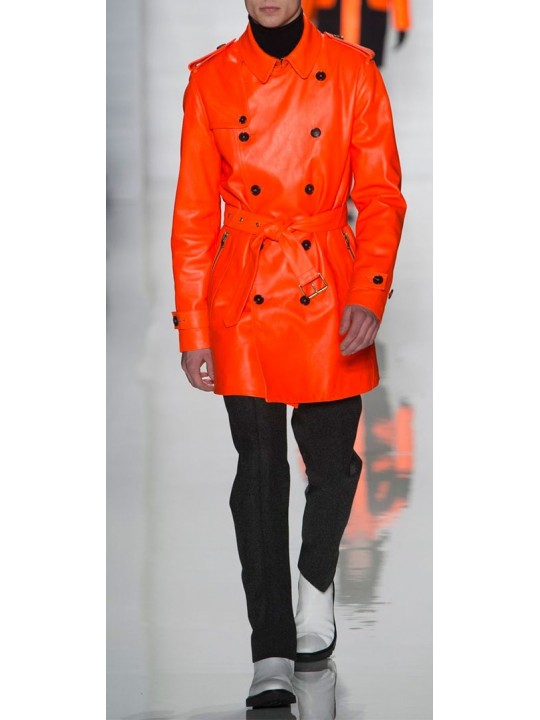 Mens Genuine Soft Lambskin Orange Leather Coat
