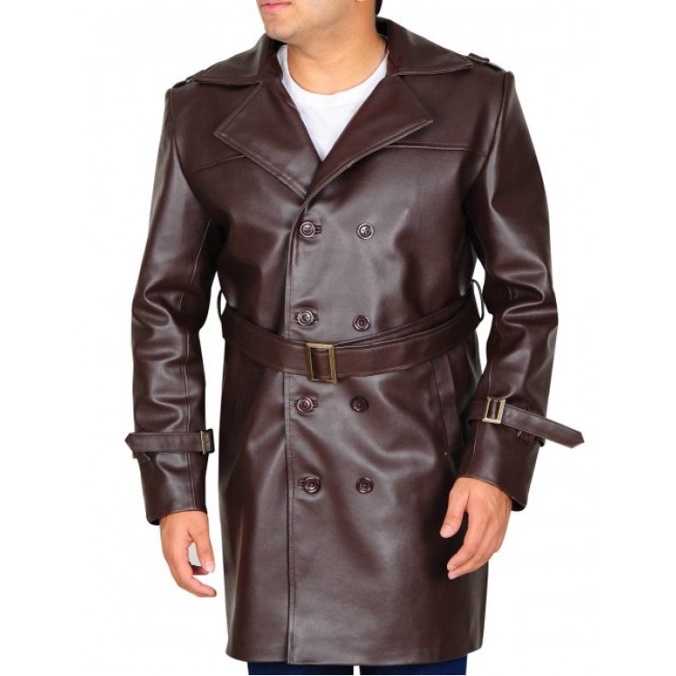 Mens Genuine Leather Dark Brown Trench Coat, Mens Trench Coat Dark Brown