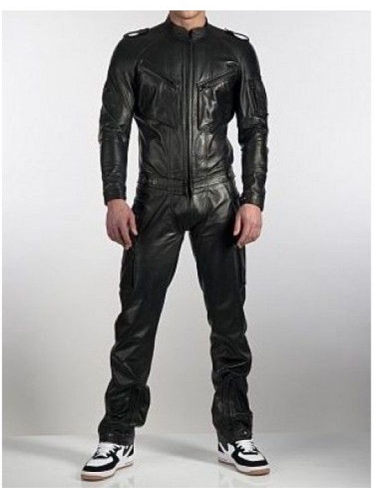 Mens Genuine Pure Black Leather Full Jumpsuit