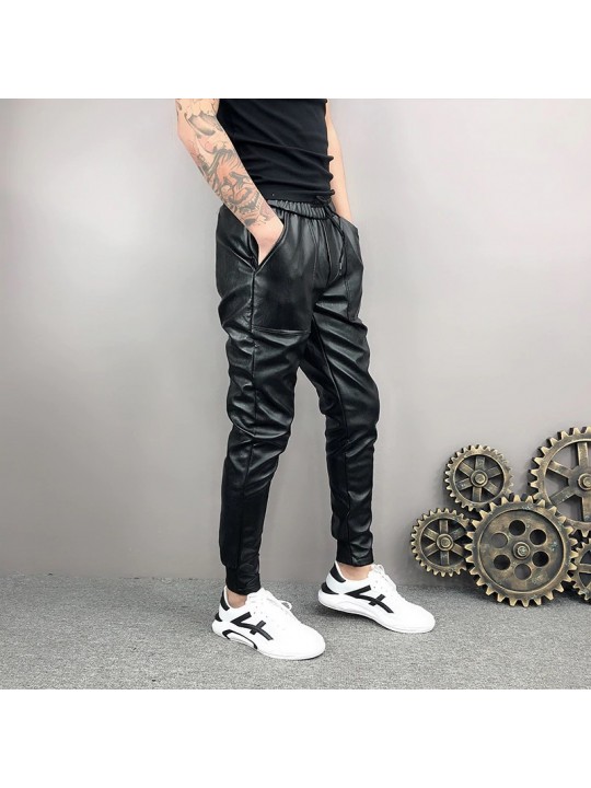 Mens Hip Hop Elastic Waist Genuine Black Leather Harem Joggers Pants