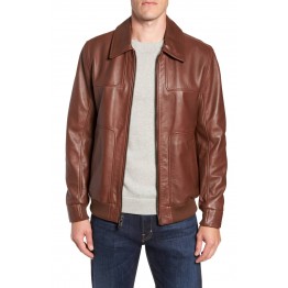 Mens Ideal Fit Spread Collar Brown Leather Bomber Jacket