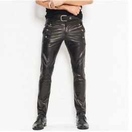Mens Skinny Tight Smooth Black Leather Moto Pants Trousers
