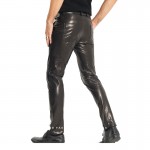 Mens Skinny Tight Smooth Black Leather Moto Pants Trousers