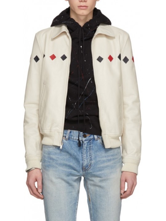 Mens Long sleeve Real Cream White Leather Bomber Jacket