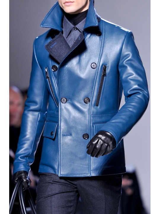 Mens Winter Warm Pure Blue Leather Coat