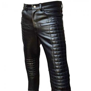 Mens Quilted Fashion Real Black Leather Bikers Pants Jeans