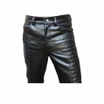 Mens Quilted Fashion Real Black Leather Bikers Pants Jeans