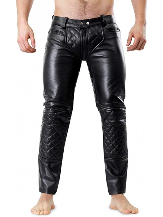 Mens Quilted Tube Style Black Leather Pants