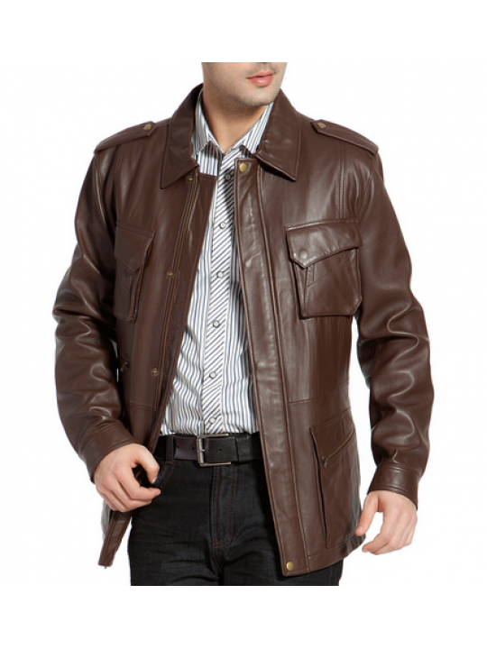Mens Regular Fit Brown Lambskin Leather Trench Coat