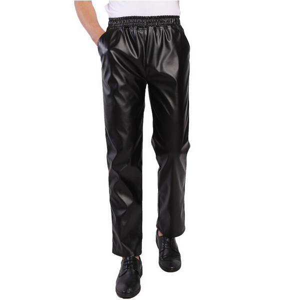 Mens Regular Fit Elastic Waist Black Leather Pants Trousers