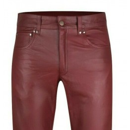 Mens Regular Size Genuine Burgundy Leather Jeans Trousers Pants 