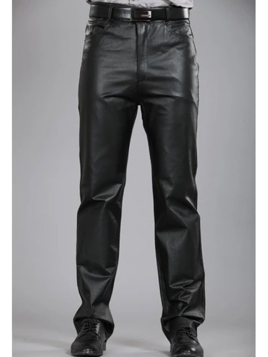 Mens Regular Straight Flat Black Leather Motorcycle Pants