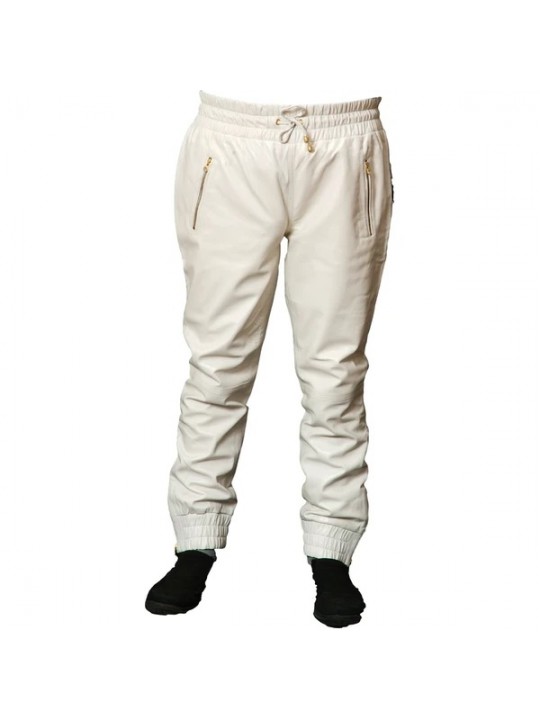 Mens Relaxed Fit Real  White Leather Joggers Sweat Pants